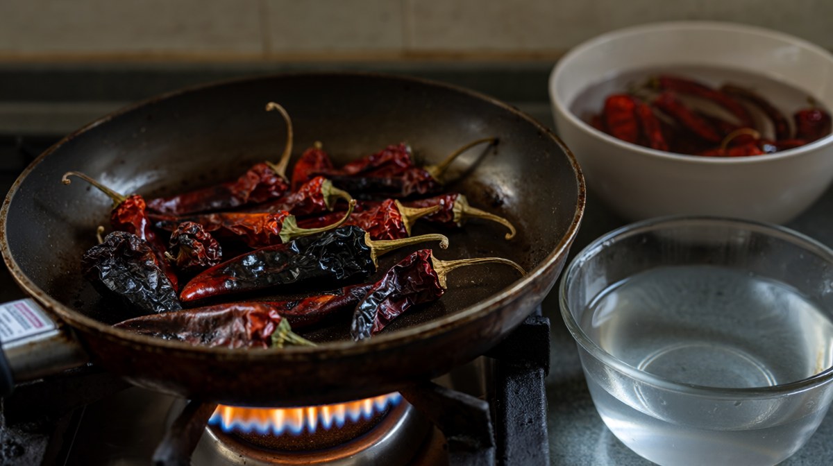 A dry pan of chillies mid-roast, blistered and darkening, with soaked chillies and cold water beside it