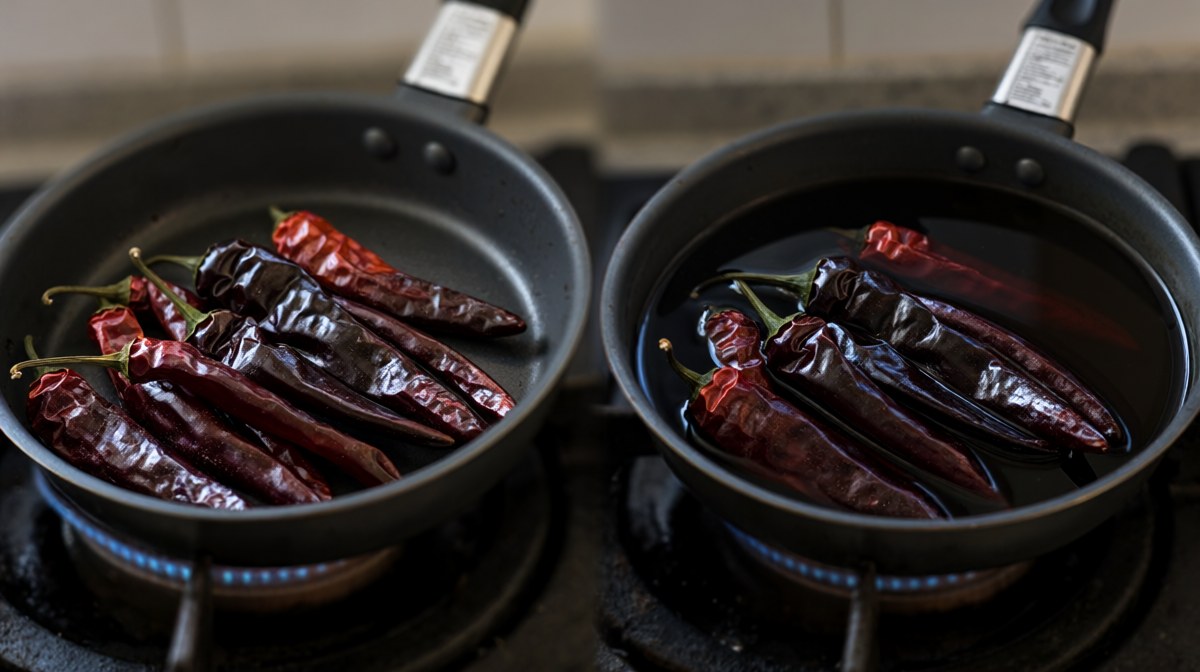 Two pans side by side, one of dry blistered chillies and one of chillies submerged in dark water