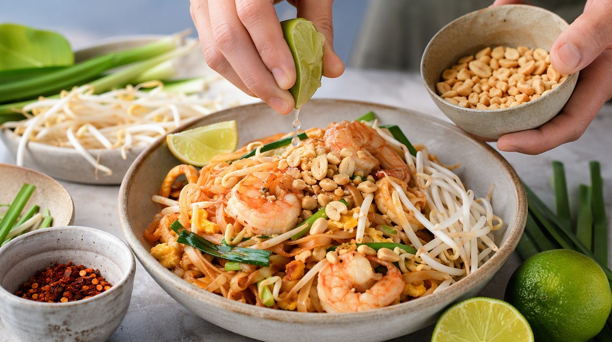 Pad thai being corrected with squeezed lime, extra bean sprouts and unsalted roasted peanuts added to the bowl