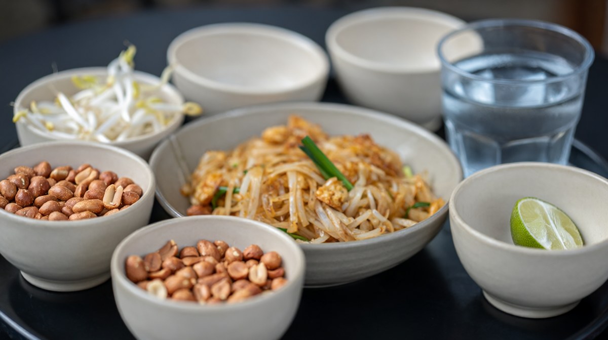 A bowl of pad thai surrounded by small bowls of peanuts, bean sprouts, water and a lime wedge