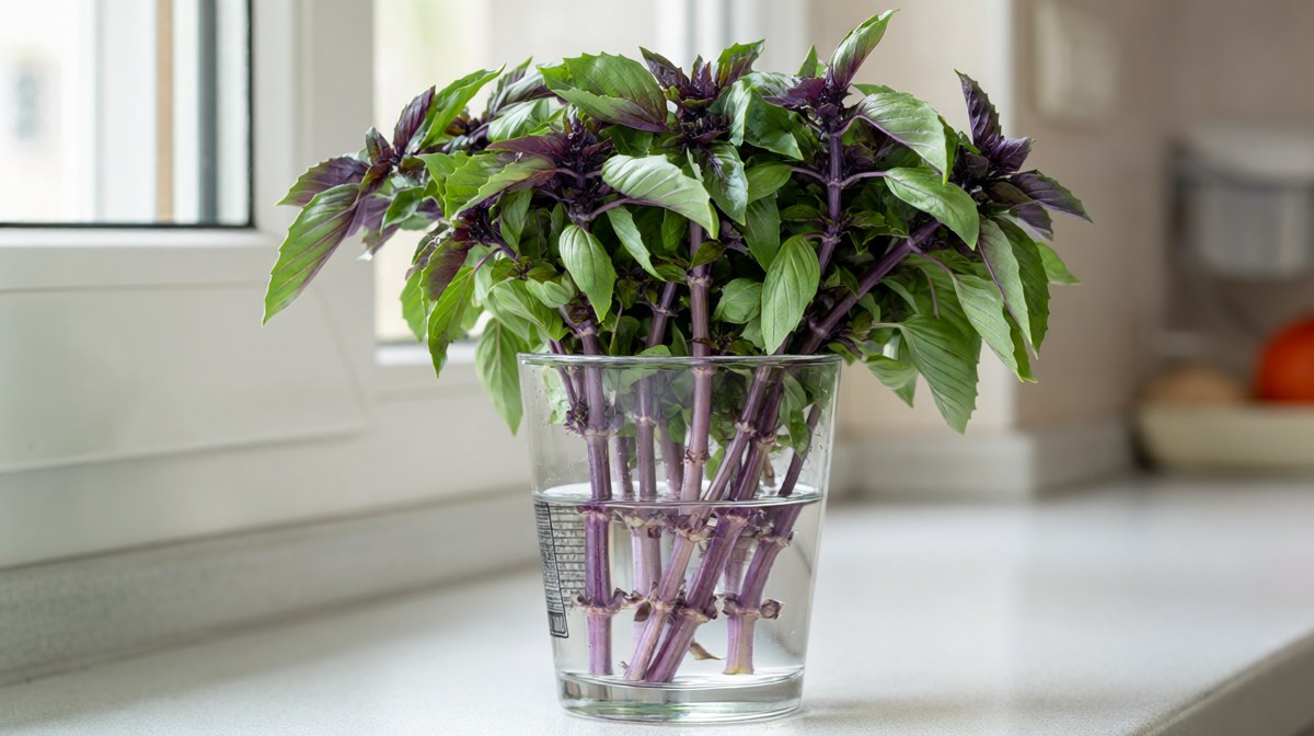 A bunch of Thai basil with purple stems standing in a glass of water on a kitchen windowsill