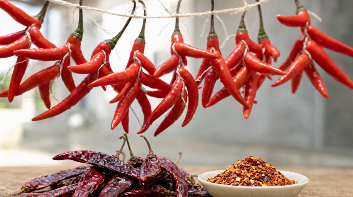 Red Thai chillies threaded on string hanging to dry above a bowl of coarse chilli flakes