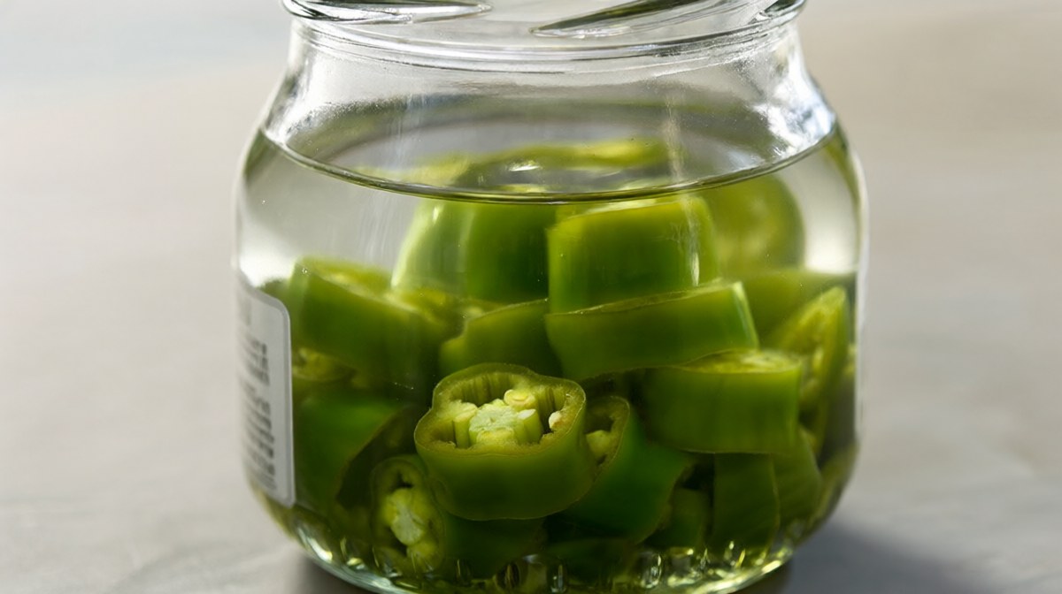A plain glass jar of sliced green chillies fully submerged in vinegar with no trapped air