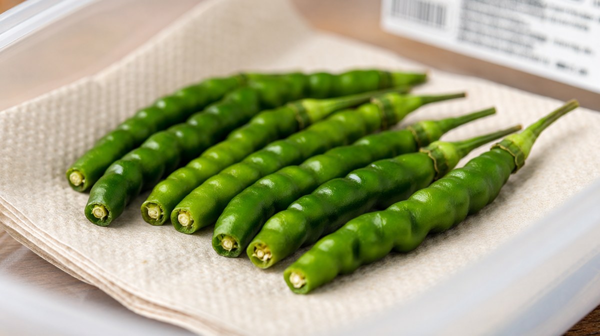Stemmed green bird's eye chillies laid in a single layer on kitchen paper inside a clear container