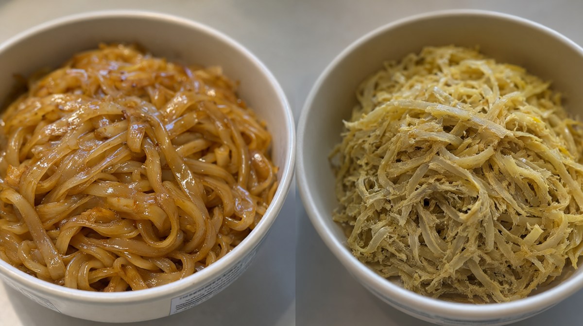Two bowls of pad thai side by side, one glossy and separated, the other dry and dull and slightly yellowed