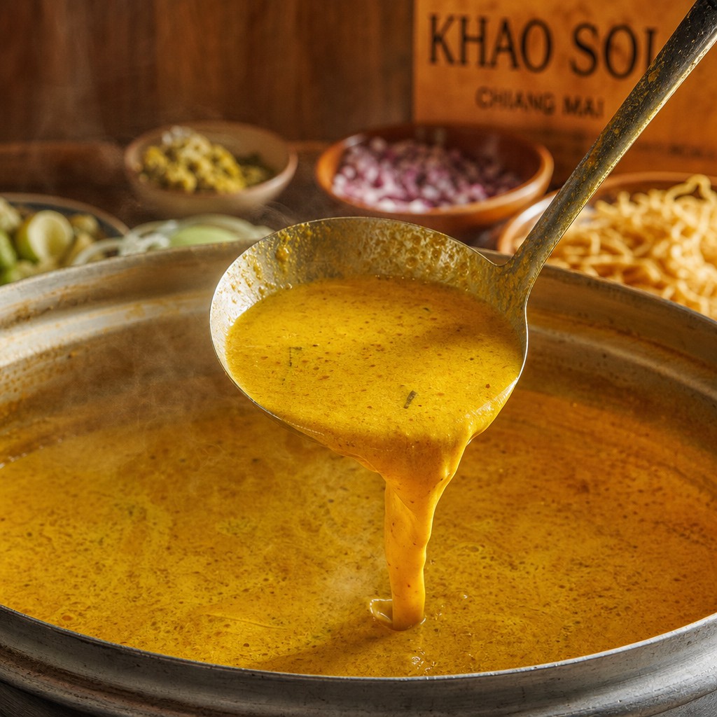 Rich golden Khao Soi coconut curry broth being ladled from a pot