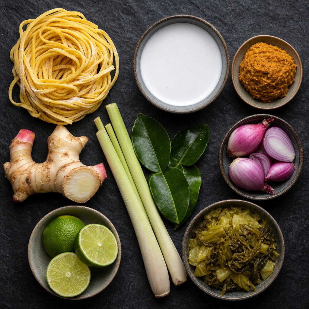 Khao Soi ingredients: egg noodles, coconut milk, curry paste, galangal, lemongrass and garnishes