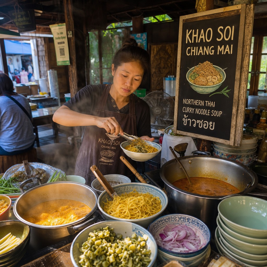 Chiang Mai street food stall serving Khao Soi in Northern Thailand