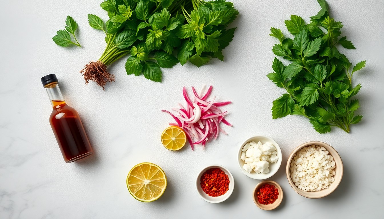 Fresh larb ingredients: mint, coriander, Thai shallots, lime, fish sauce and dried chili flakes