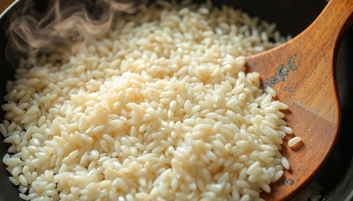 Uncooked sticky rice grains turning golden in a dry pan to make khao kua toasted rice powder