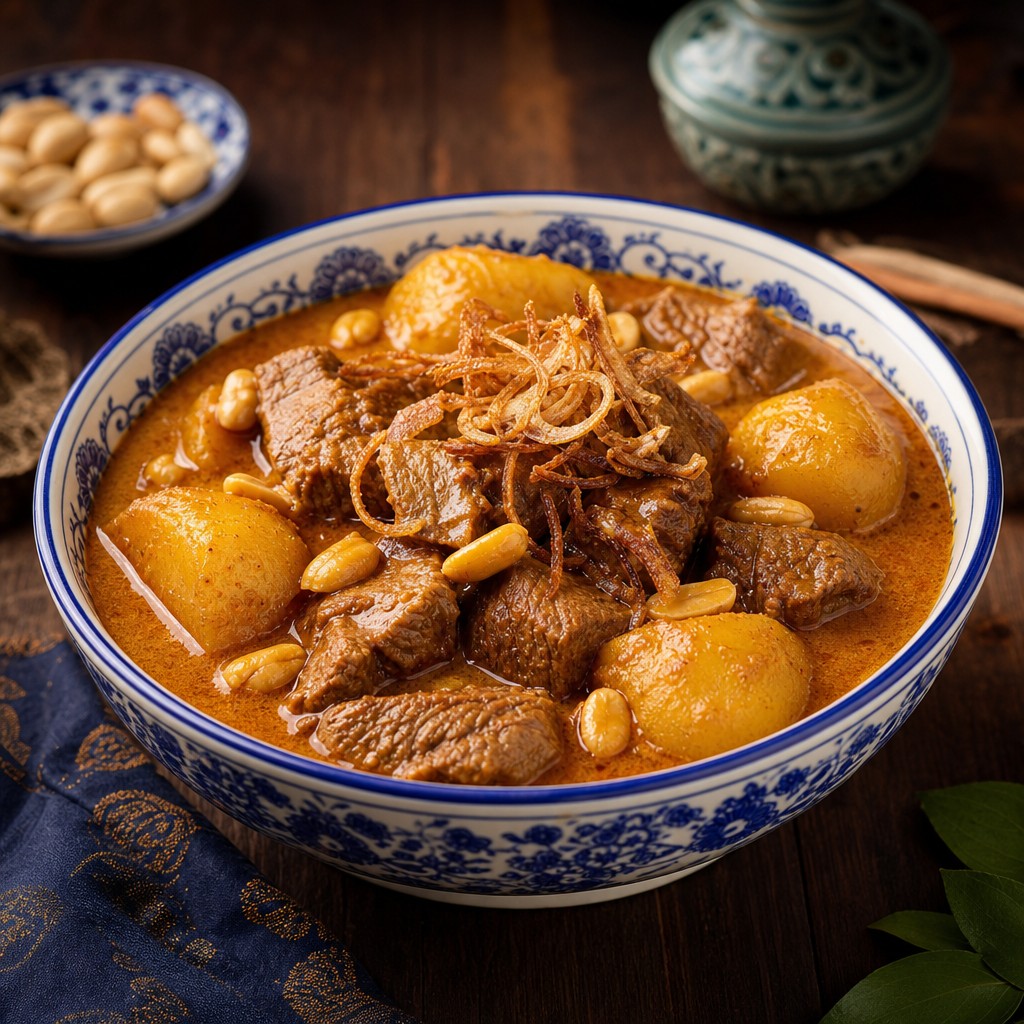 Bowl of massaman curry with beef, potato and peanuts in rich coconut sauce