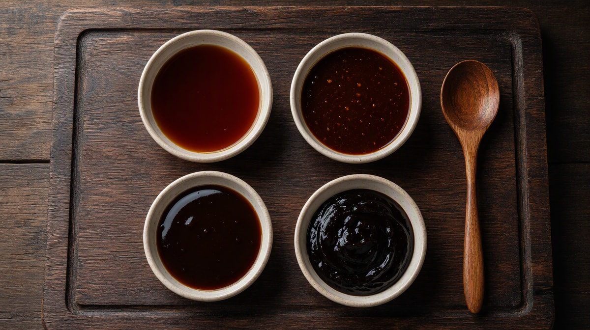 Four small bowls of different dark glossy sauces ranging from thin brown to thick near-black on a dark board