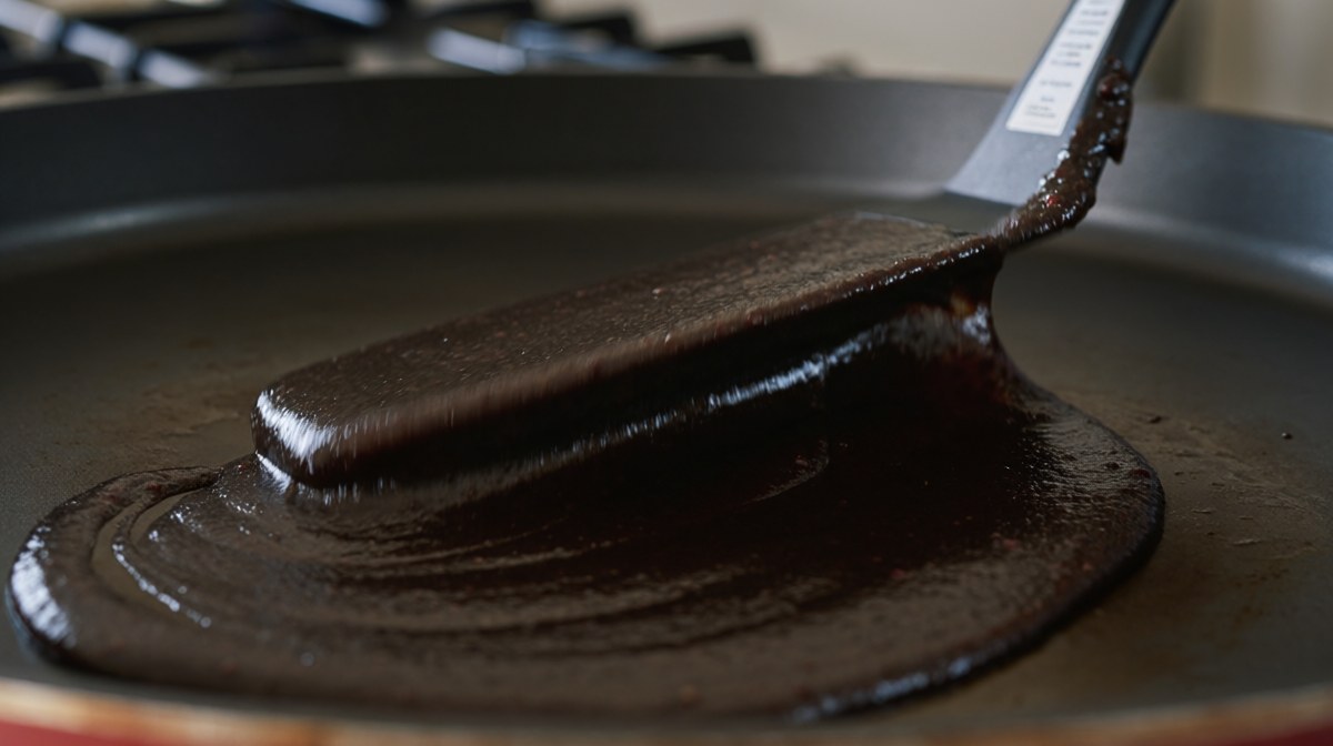 A spatula pushing thick dark glossy sauce across a hot pan, the sauce holding its shape