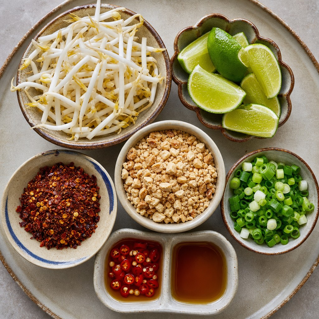 Pad Thai garnish: bean sprouts, lime wedges, crushed peanuts, spring onions and dried chilli