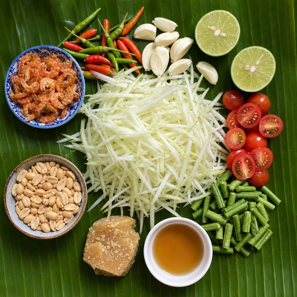 Som Tam ingredients on banana leaf: green papaya, chillies, lime, tomatoes, peanuts and fish sauce