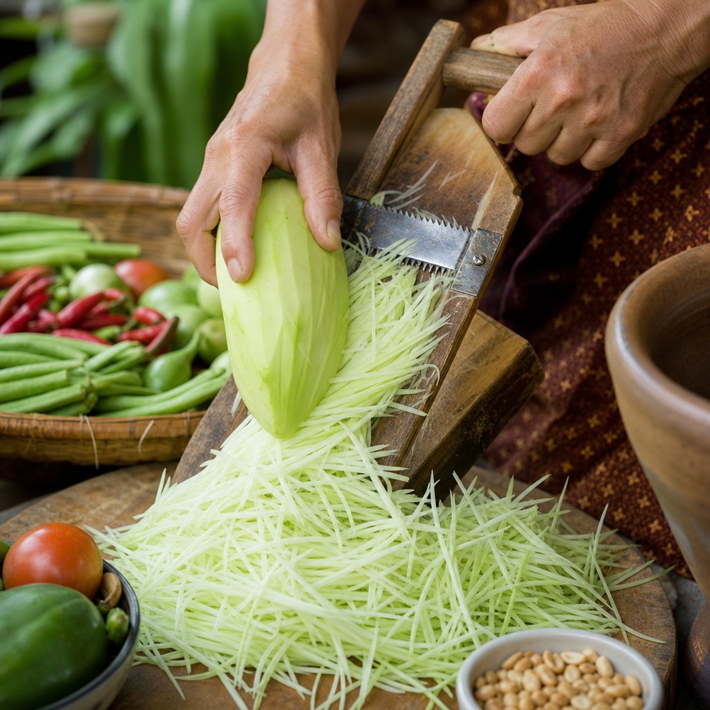 Green papaya being shredded into thin strips for Som Tam — fresh pale green strands