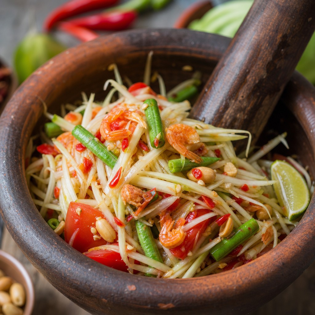 som tam green papaya salad with lime and chillies