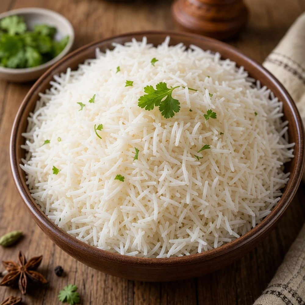 Fluffy white basmati rice — long grain, aromatic, a common alternative to jasmine rice in UK supermarkets