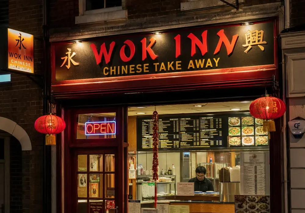 A typical Chinese takeaway shop in an English town — neon signs and menu boards