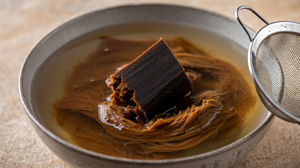 A hard tamarind block breaking apart in warm water, fibres spreading, with a strainer beside it
