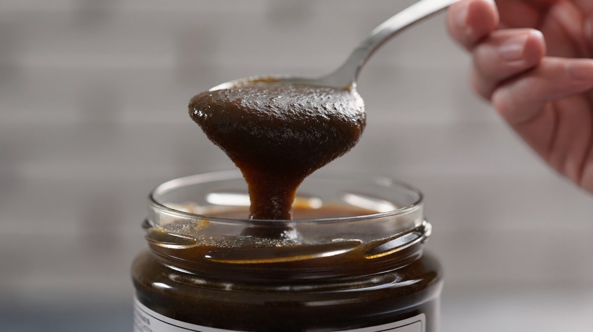 A spoon lifting thick dark tamarind from a bowl, much thicker than a pourable liquid