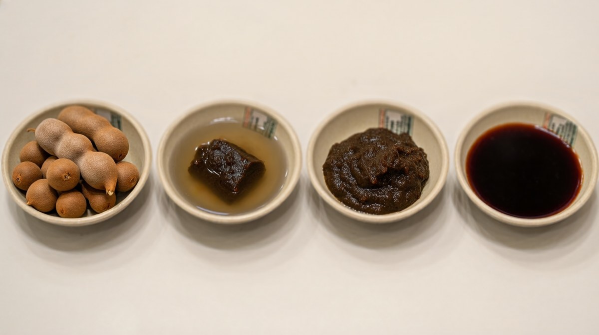 Four bowls in a row showing whole tamarind pods, a soaked chunk, thick paste and thin dark liquid
