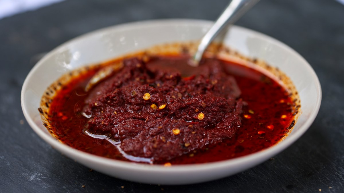 A shallow bowl of vivid dark red curry paste with visible seeds and coarse flecks, a spoon resting in it
