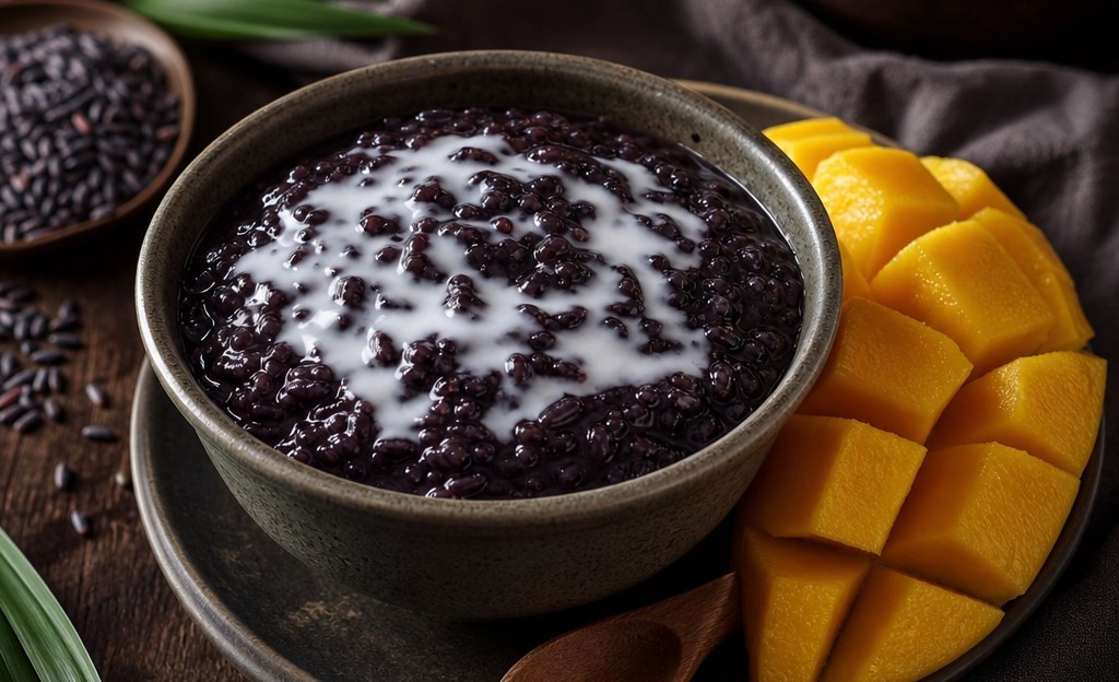 Khao niao dam Thai black sticky rice pudding with salted coconut cream