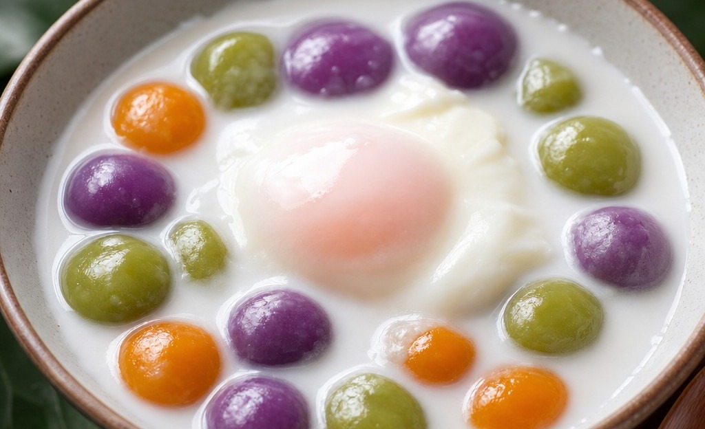 Bua loy Thai floating lotus rice balls in warm sweetened coconut milk dessert