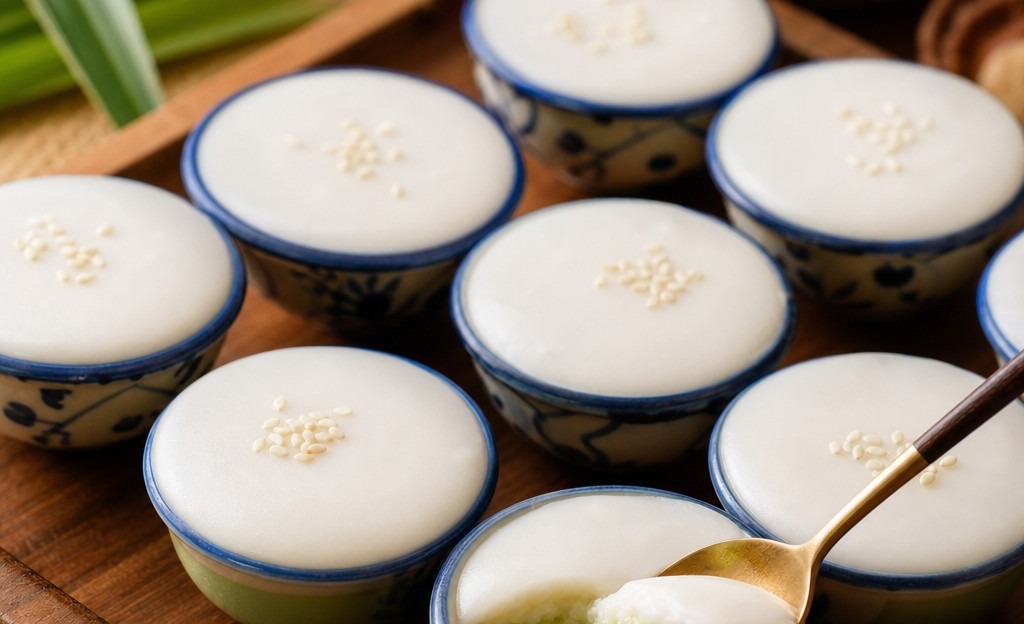 Khanom thuay steamed Thai coconut custard cups with pandan flavoured topping