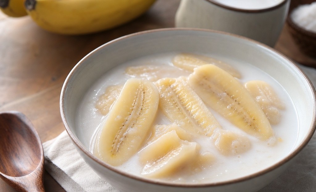Kluay buat chee Thai banana simmered in warm sweetened coconut milk dessert