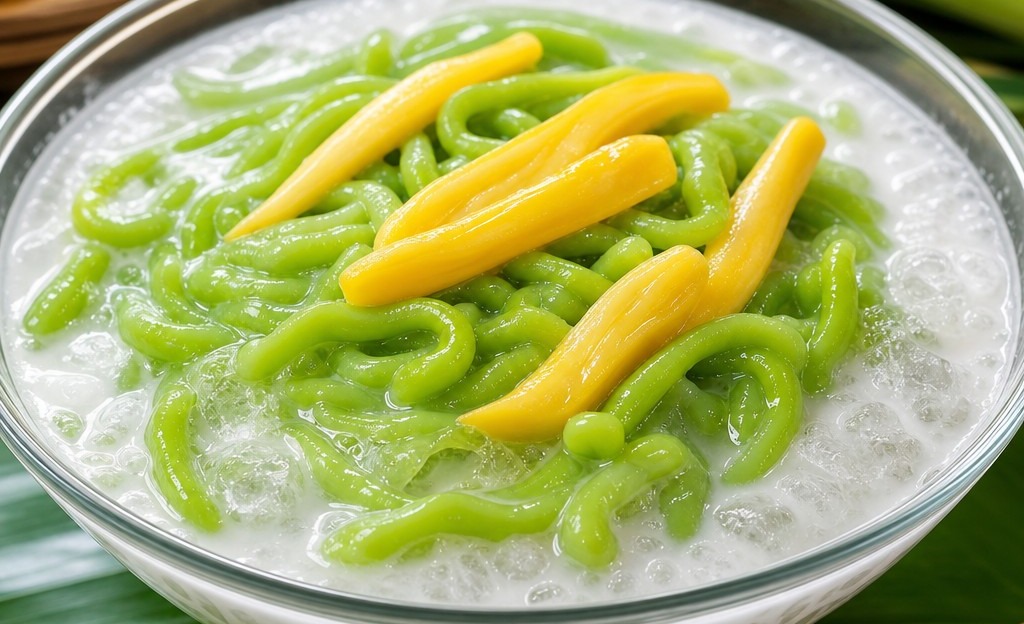 Lod chong Thai pandan rice flour noodles in sweetened coconut milk dessert