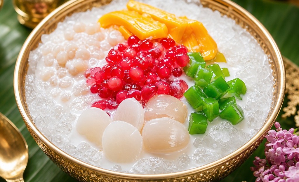 Ruam mit Thai mixed desserts in coconut milk with red rubies tapioca and jackfruit