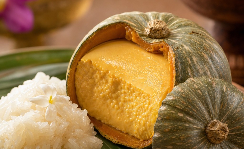 Sangkaya Thai coconut egg custard steamed inside a whole pumpkin dessert