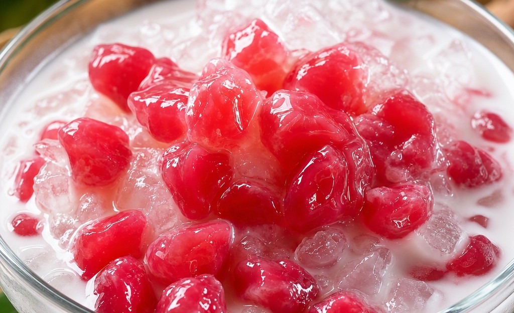 Tub tim krob Thai red water chestnut rubies in sweetened coconut milk dessert
