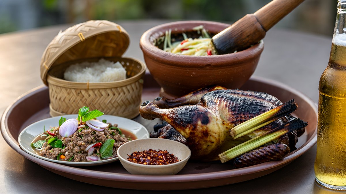A complete Isaan meal of grilled chicken, green papaya salad in a clay mortar, sticky rice in a bamboo basket and larb with mint and shallots