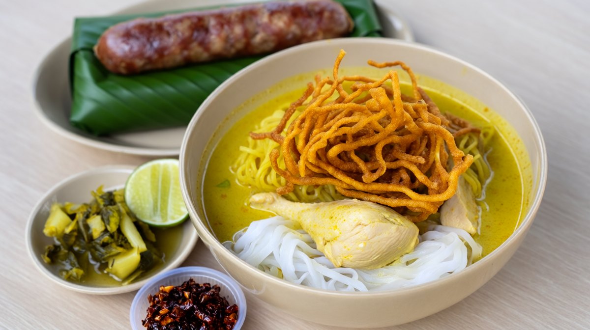 A bowl of khao soi with crisp fried noodles on top of soft egg noodles in yellow curry, with pickled greens, lime and chilli oil alongside