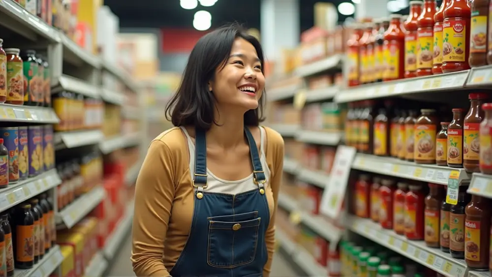 ผู้หญิงไทยกำลังเลือกซื้อเครื่องปรุงอาหารไทยในซูเปอร์มาร์เก็ตเอเชีย