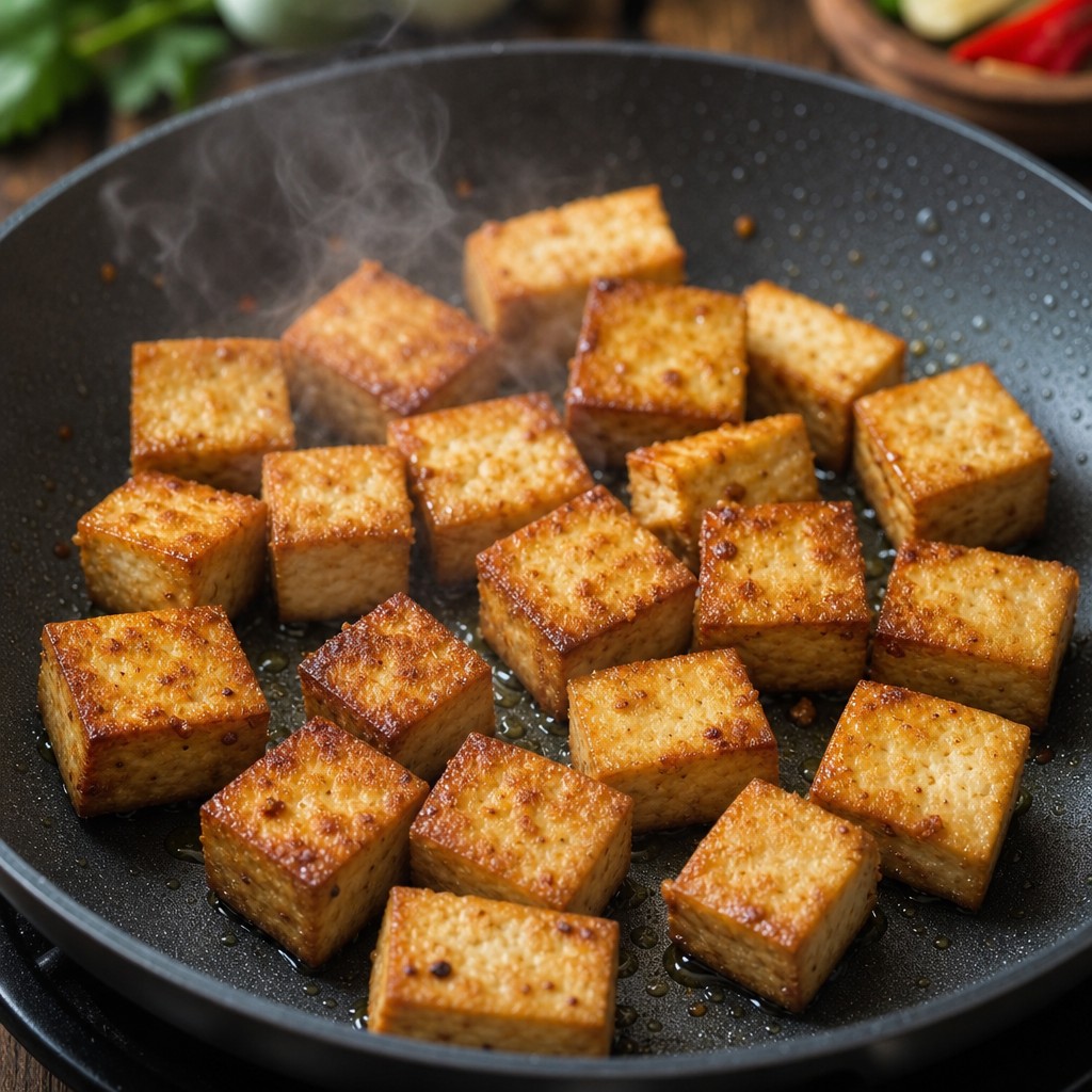 Firm tofu cubes being pan-fried until golden and crispy — perfect for vegan Thai curry