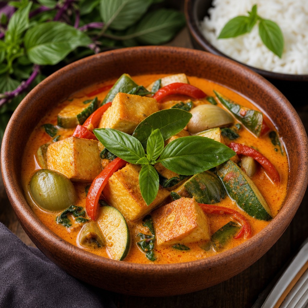 Vegan red Thai curry with golden tofu, Thai aubergines and vegetables in creamy coconut sauce