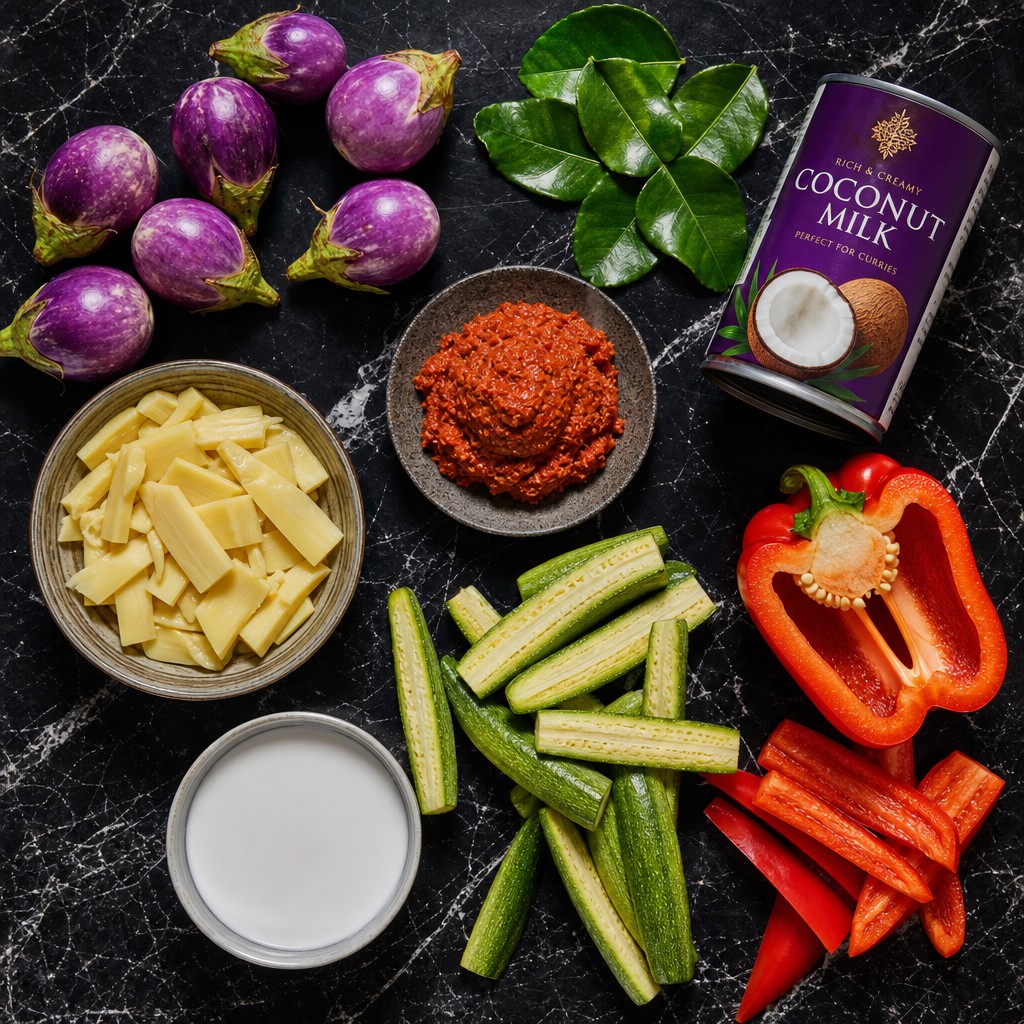 Colourful Thai curry vegetables: purple aubergines, courgette, red pepper and kaffir lime leaves