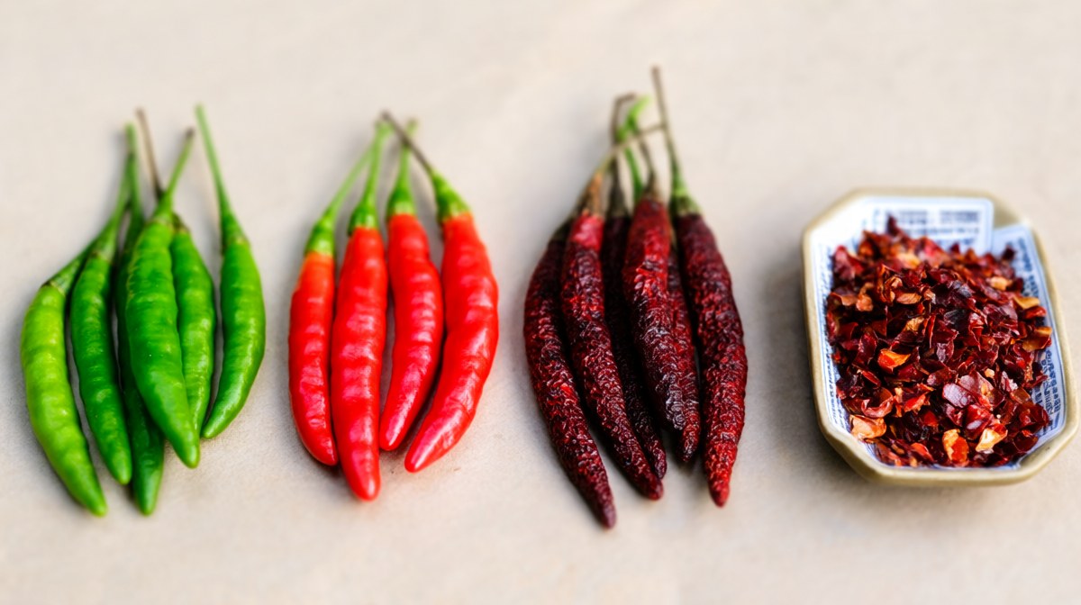 Four groups of bird's eye chillies in a row: fresh green, fresh red, sun-dried dark red, and dried flakes