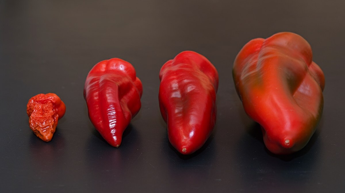 Four chillies of increasing size arranged in a row from small and wrinkled to large and smooth