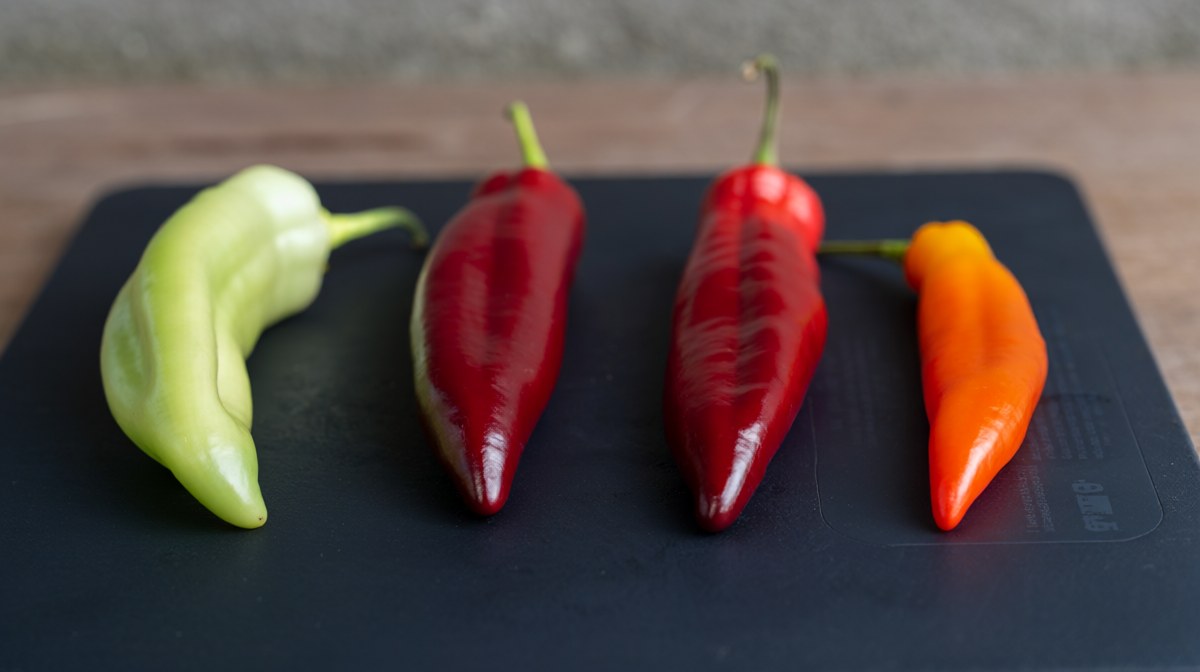 Four chillies of different sizes and colours arranged in a row on a dark board