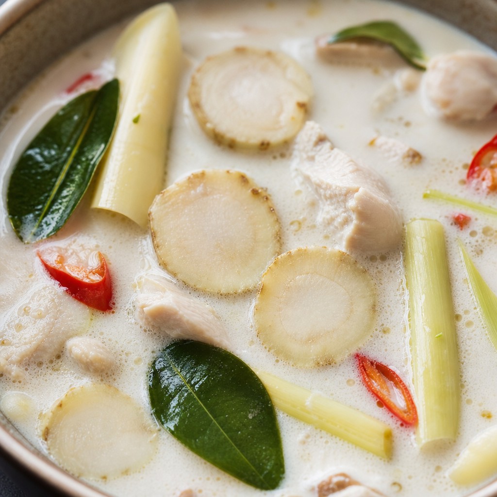 Galangal rounds floating in Tom Kha Gai coconut soup — showing how it looks in Thai cooking