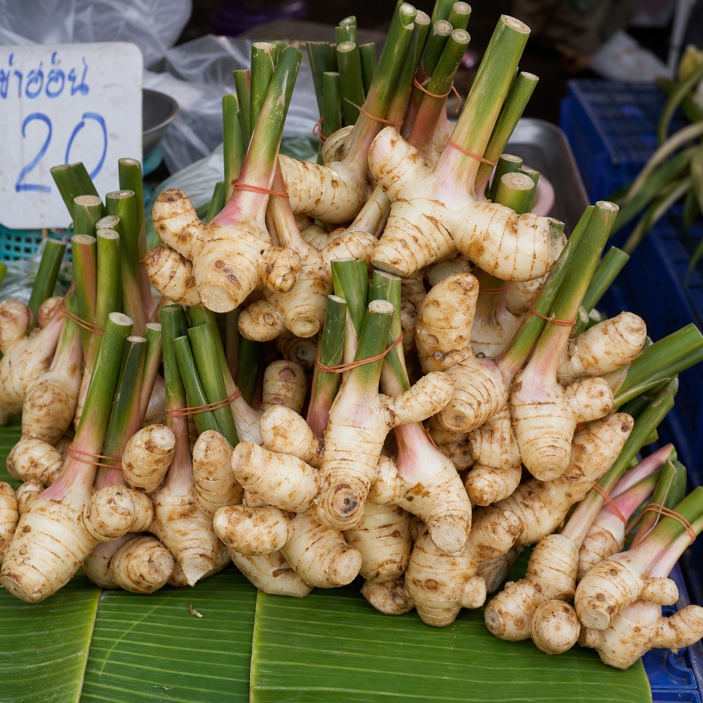 Fresh galangal root for sale at a Thai market in Thailand