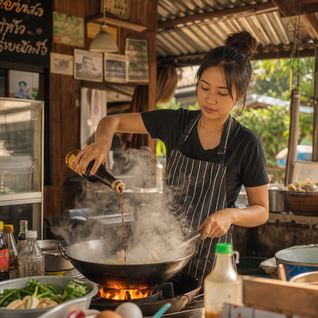 Thai chef pouring seasoning sauce into a wok at a rural Thai street food stall