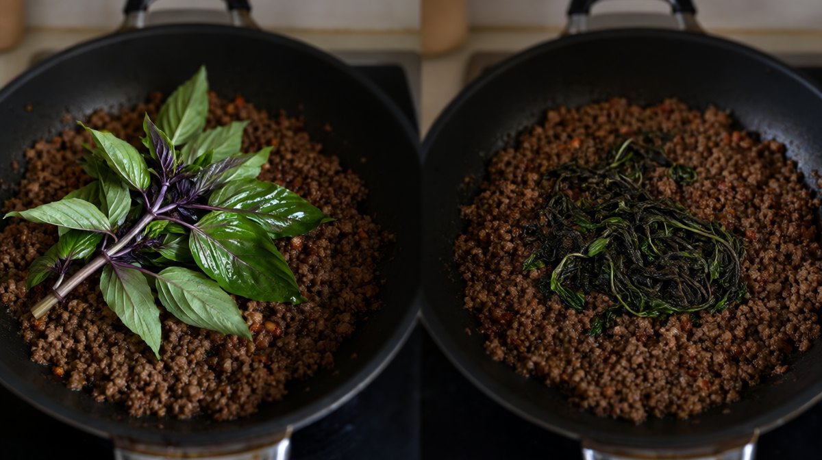 Two woks of stir-fried minced meat side by side, one with Thai basil still green and intact, the other with Italian basil collapsed to dark slimy ribbons