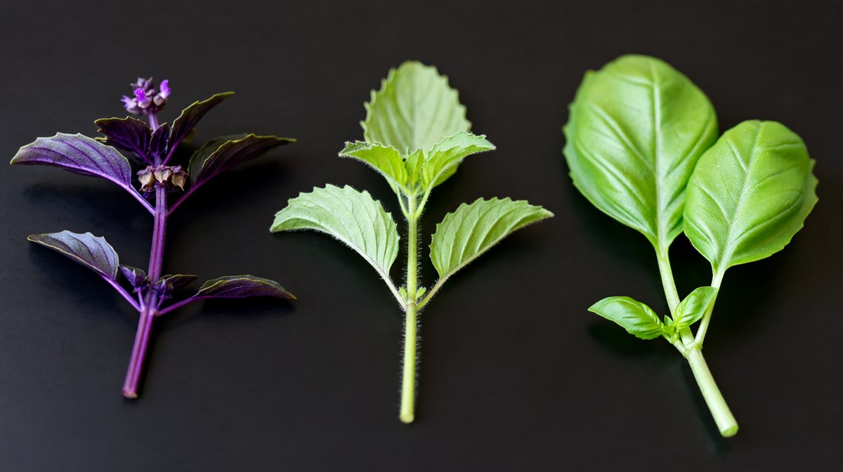 Three basil sprigs side by side, dark Thai basil with purple stems and buds, serrated hairy holy basil, and large soft Italian sweet basil