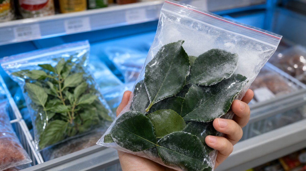A hand holding a clear bag of frozen kaffir lime leaves with a bag of frozen Thai basil behind